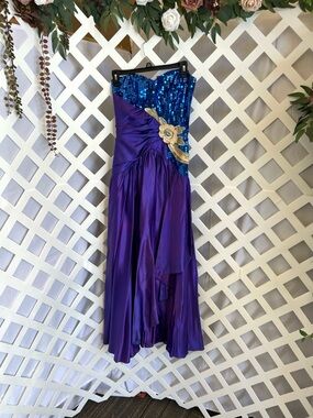 Vintage Nadine Purple Blue Sequin Strapless Prom Dress Gold Applique Formal Y2K